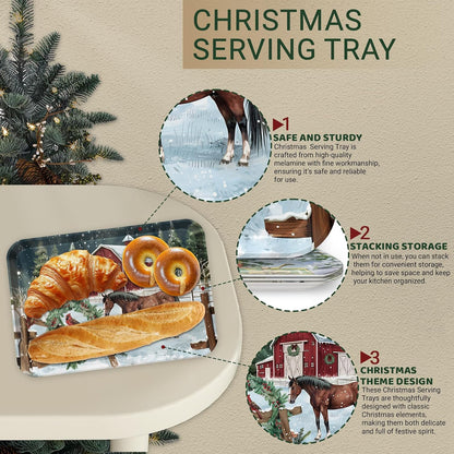 4-Piece 15 x 11 Inch Christmas Serving Tray Set, Melamine Reusable Platters with Red Barns, Snowmen, Horses, and Truck, Holiday Party Snack, Fruit, Dessert, and Candy Dishes