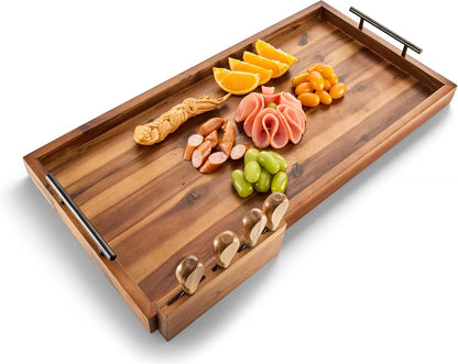 TIDITA Acacia Large Charcuterie Boards for Party with Cheese Knife Set of 4 – Acacia Wood Serving Tray with Handles, Long Charcuterie Board, Wooden Cheese Board (Walnut Color, 30 Inch)