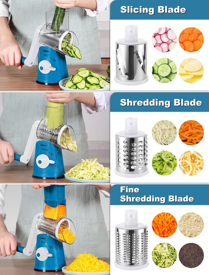Geedel Rotary Cheese Grater, Kitchen Mandoline Vegetable Slicer with 3 Interchangeable Blades, Easy to Clean Rotary Grater Slicer for Cheese, Vegetables, Nuts