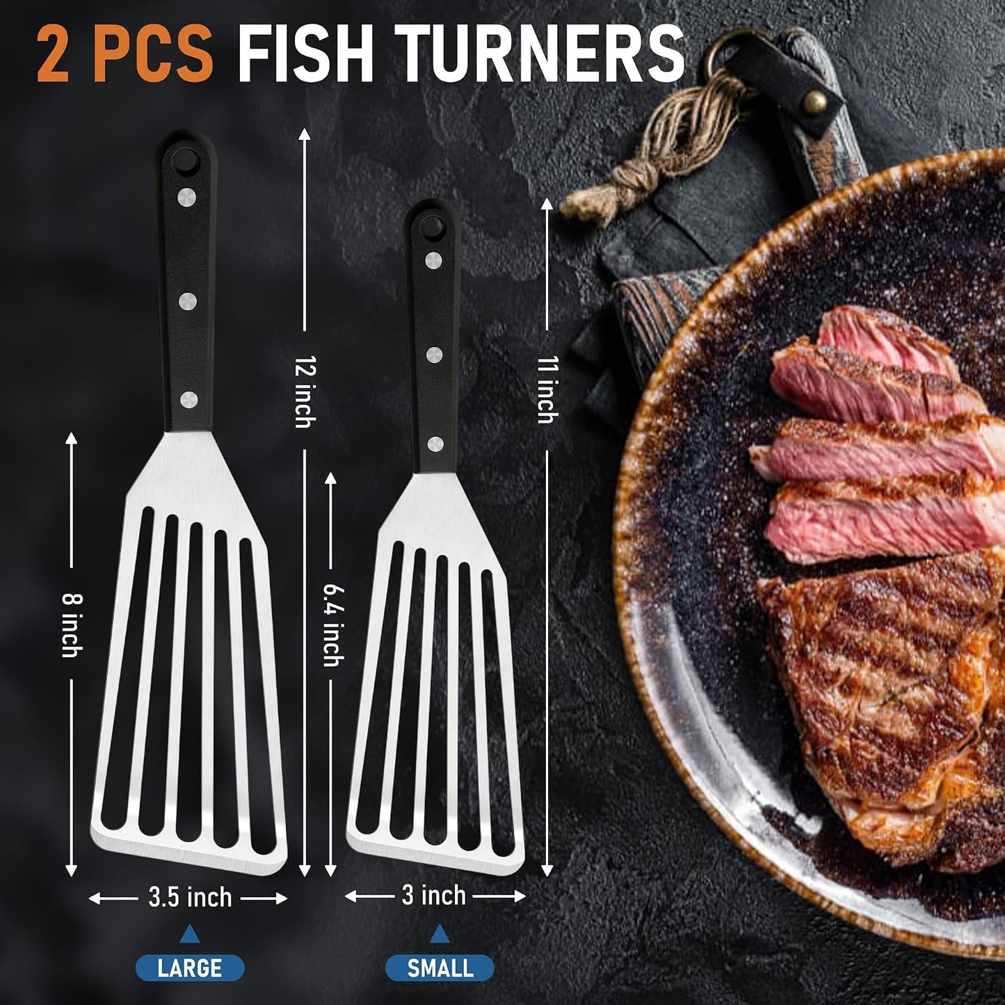 Joyfair Metal Fish Spatulas, 2 Pcs Stainless Steel Turner (ABS Handle) | Flexible Blade, Dishwasher Safe, Slotted Turner Utensil for Kitchen Cooking & Outdoor Griddle Grilling Flipping, Large&Small