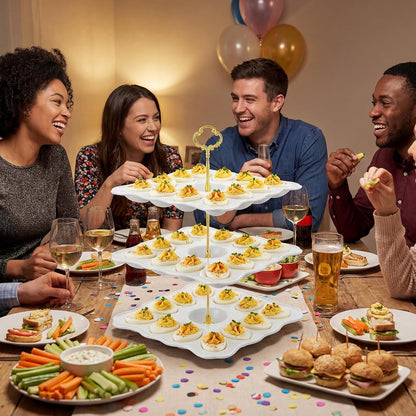 Potchen Multi Tier Ceramic Deviled Egg Platter Deviled Egg Tray Container, Detachable Eggs Holder Tower Wedding Party Food Container for Kitchen Countertop Microwave Dishwasher Freezer(Flower,3 Tier)