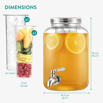Navaris Glass Drink Dispenser with Tap - 0.7gal (2.7L) Ripple Design Beverage Dispenser - Party Beverage Container for Cocktails, Juice, Water - Ideal for Parties & Events