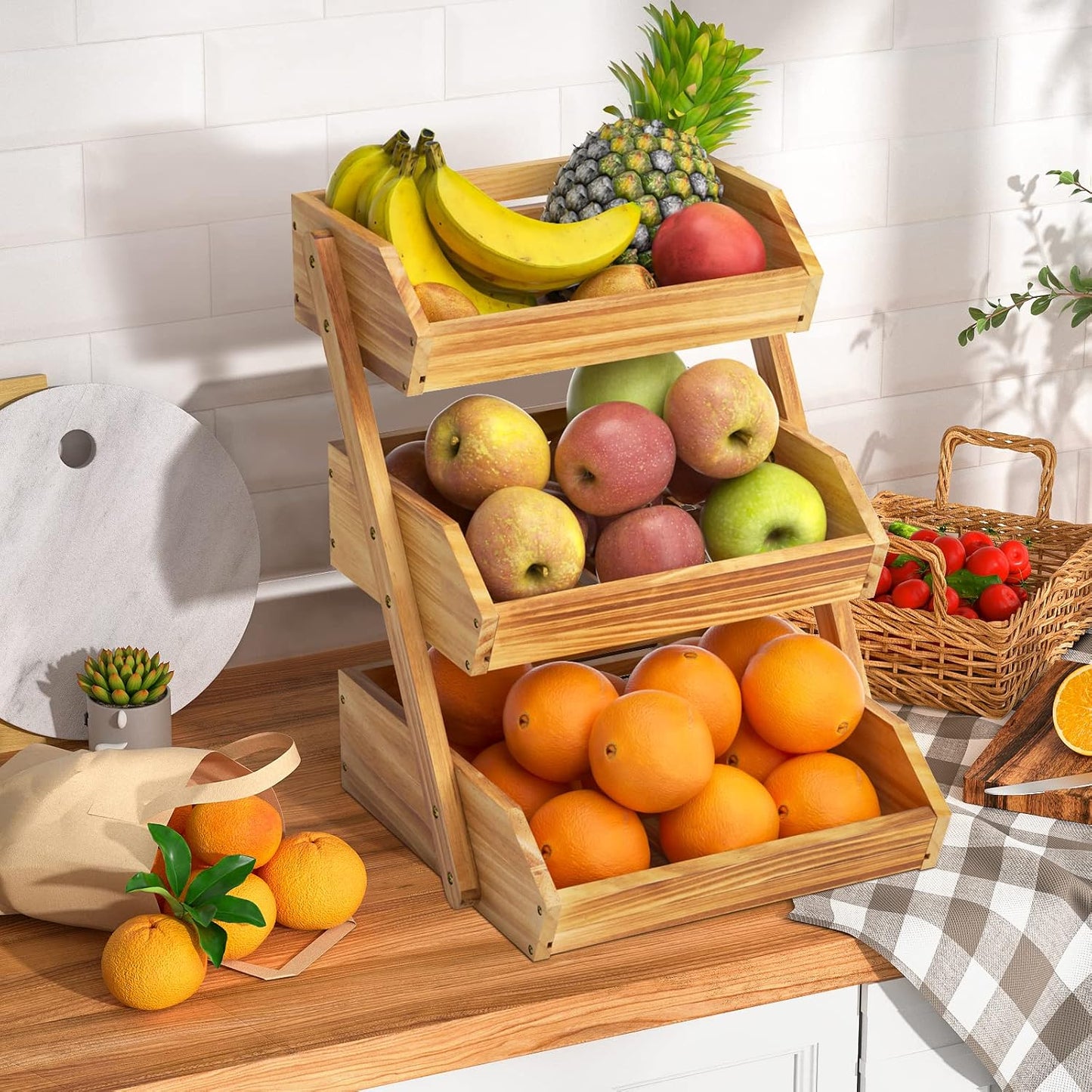 G.a HOMEFAVOR Large Bamboo Fruit Basket, 2-Tier Fruit Bowl for Kitchen Counter, Vegetable Storage Stand for Fruit Shop, 15 mm Thickness (Self-assembly)