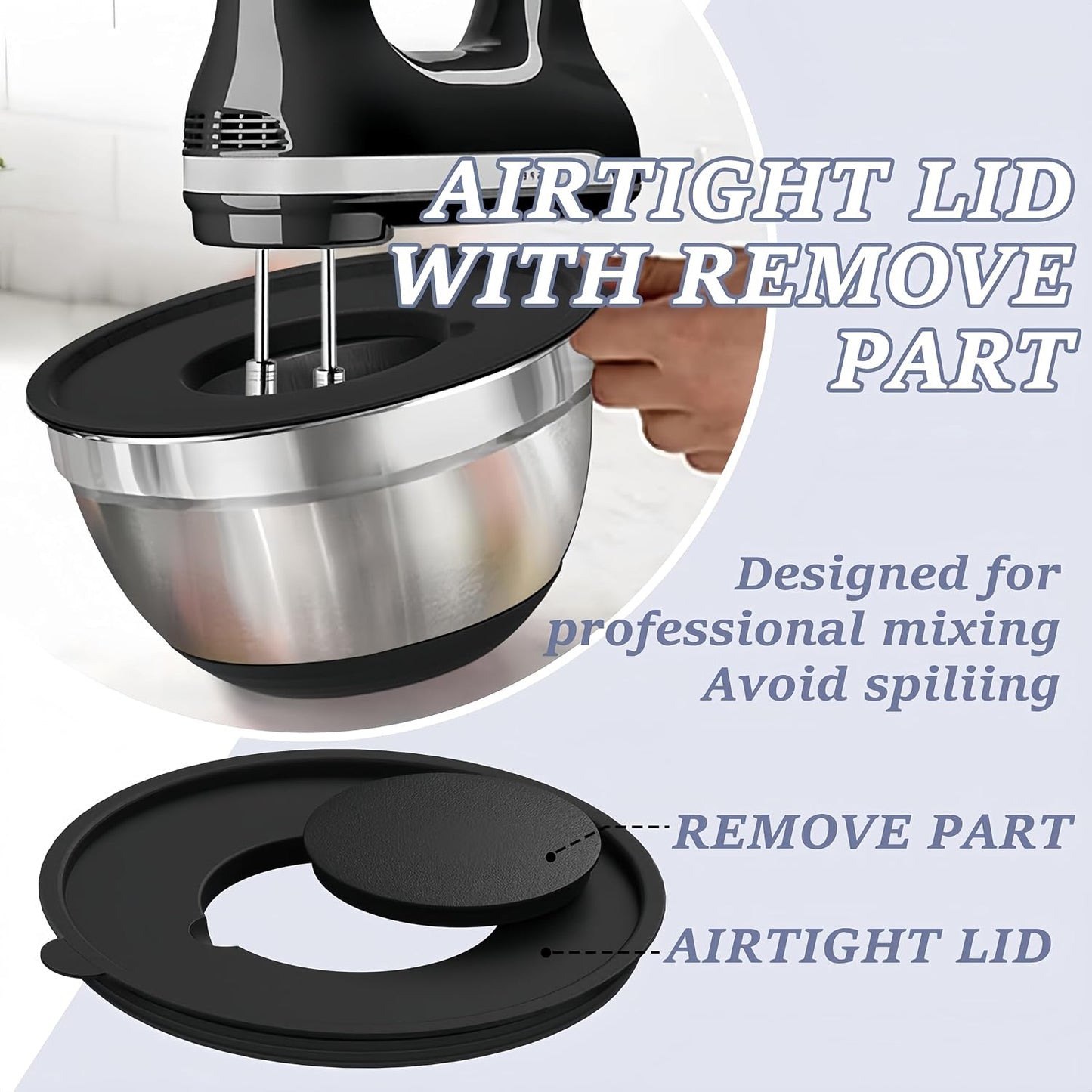 Mixing Bowls with Lids Set,7PCS Stainless Steel Bowls with 3 Grater Attachments and Measuring Spoons,Ideal for Kitchen Cooking & Serving,Non-slip Bottoms Size 6, 4, 3, 2.1,1.5,1,0.63QT (Black)