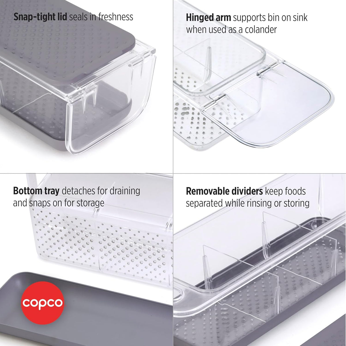 Copco Over the Sink Colander Fridge Storage Bin with Lid - Refrigerator Organizer for Fruits Vegetables Produce - Clear Design with Built-In Handles, Removable Drain Cover