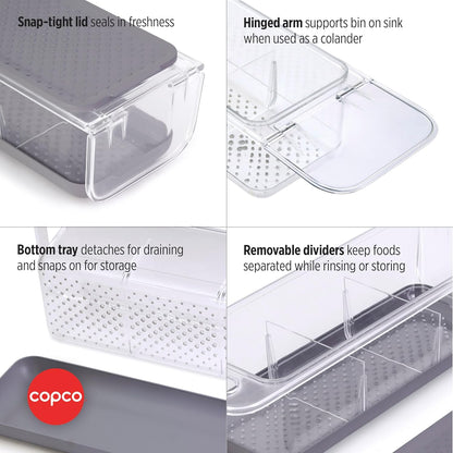 Copco Over the Sink Colander Fridge Storage Bin with Lid - Refrigerator Organizer for Fruits Vegetables Produce - Clear Design with Built-In Handles, Removable Drain Cover