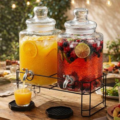 2 Pack 5 Gallon Drink Dispenser with Stand for Parties, Hammered Glass Beverage Dispensers, Stainless Steel Spigots and Drip Trays, Water Jar Jug for Lemonade, Juice, Tea and Party Drinks