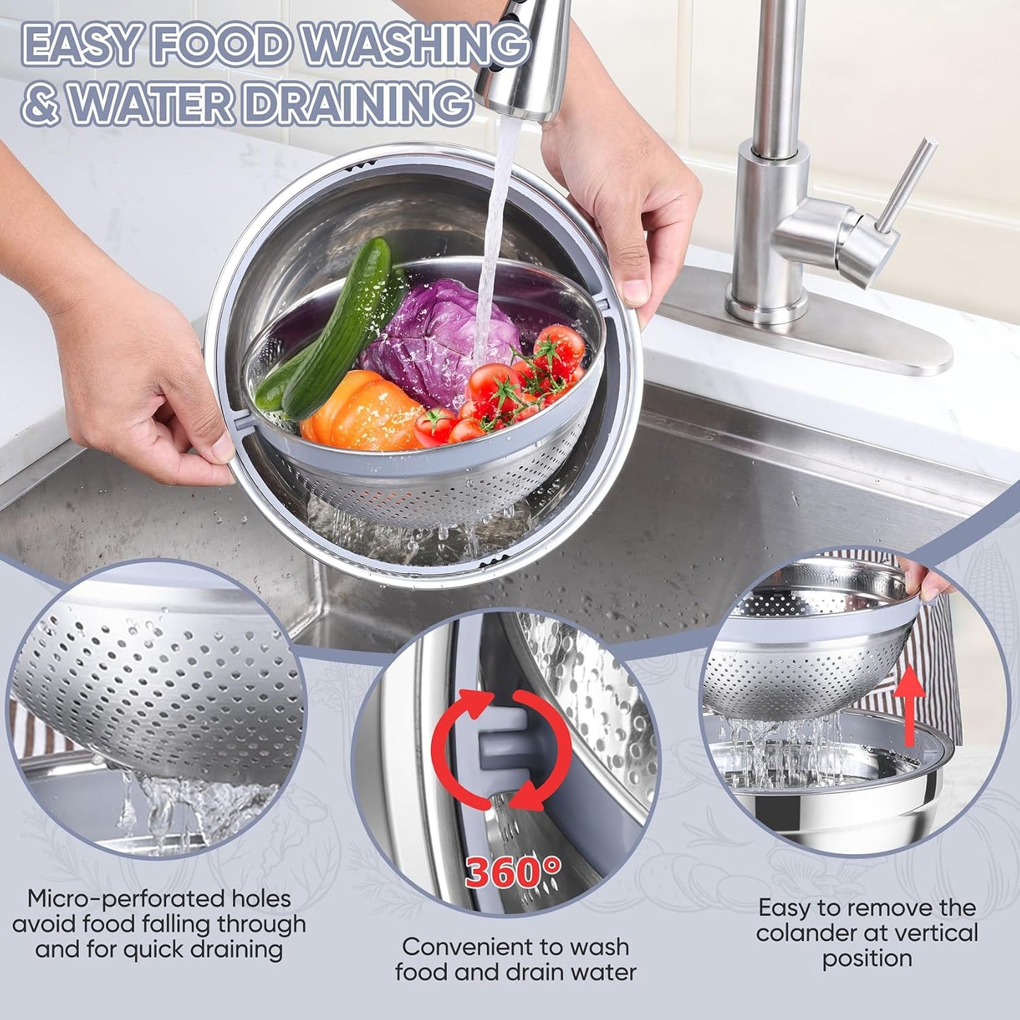 TeamFar 4-1 Colander with Bowl Set, Rotatable Colander for Kitchen, Stainless Steel Food Strainers and Colanders Mixing Bowl with Graters, for Veggies Fruits Washing, Pasta Straining - Khaki