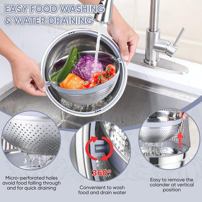 TeamFar 4-1 Colander with Bowl Set, Rotatable Colander for Kitchen, Stainless Steel Food Strainers and Colanders Mixing Bowl with Graters, for Veggies Fruits Washing, Pasta Straining - Khaki