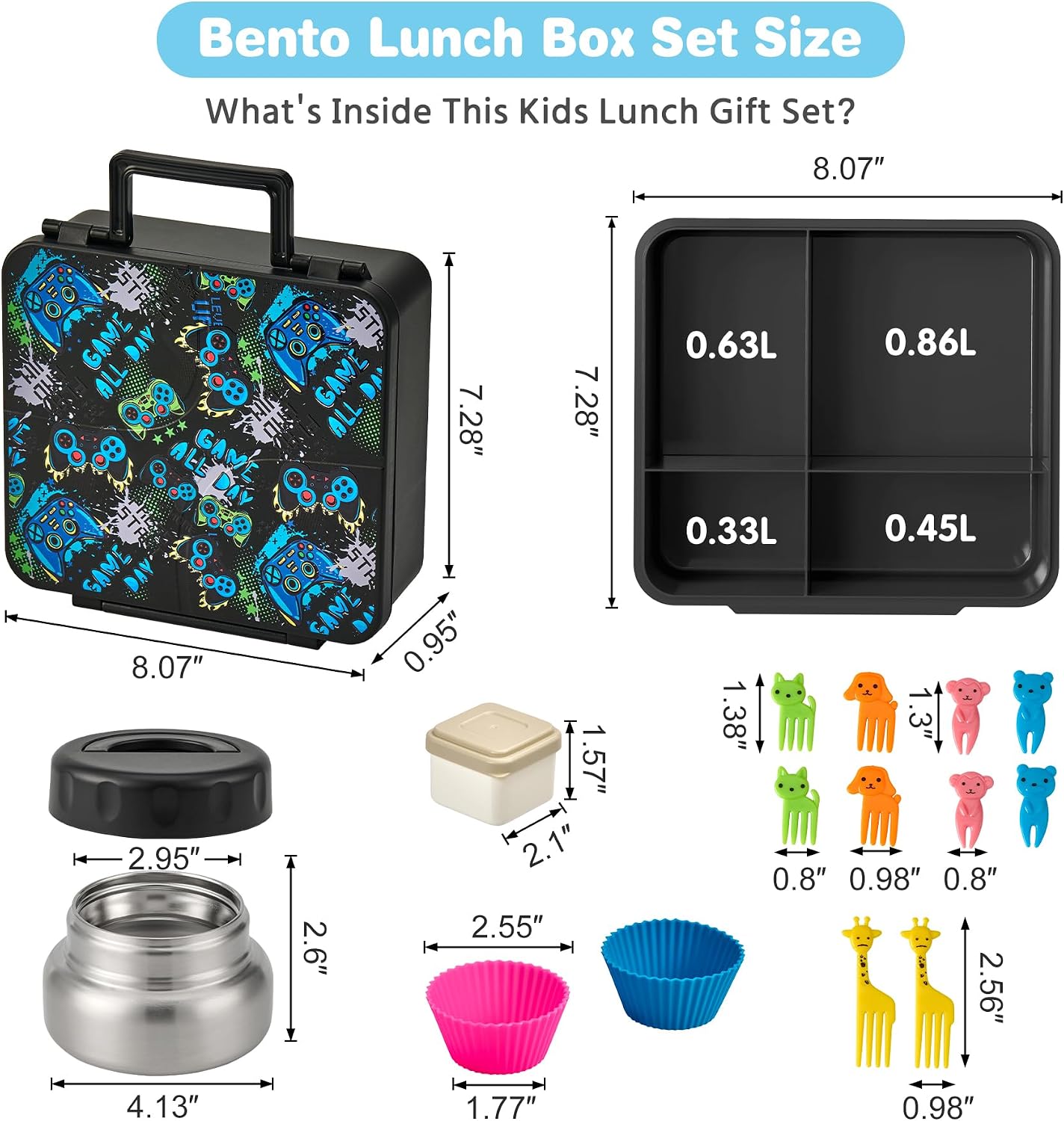Bento Lunch Box with 9.5 oz Soup Thermo, Kids Leakproof 4 Compartments Bento Box with Silicone Cupcake,Fruit Fork,Spoon and Sauce Cup,Insulated Food Jar for School Travel-Black