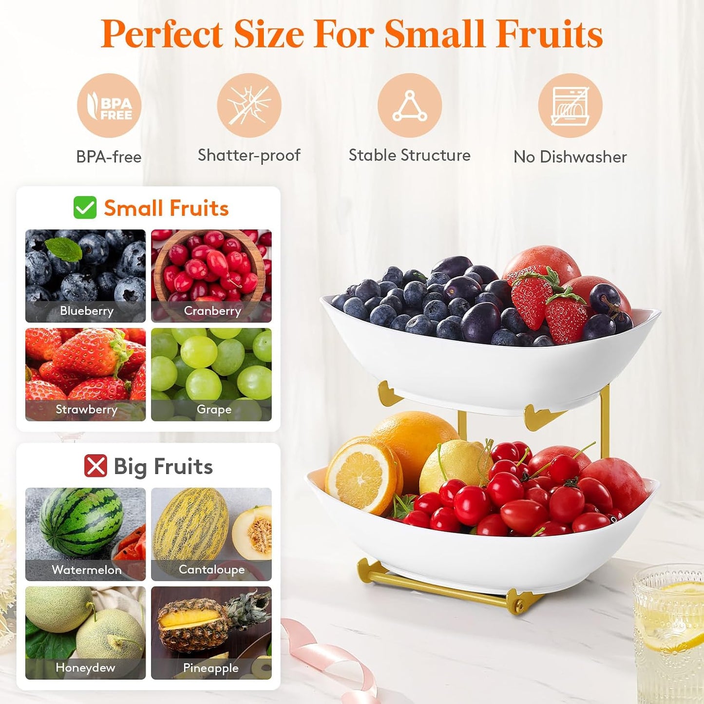 Lifewit Plastic Fruit Bowl for Kitchen Counter, 3 Tier Fruit Basket with Gold Metal Stand, Tiered Fruit Holder for Countertop Serving Tray for Vegetable/Dessert in Party 28 x 21 x 35cm/11 x 8.4 x 14