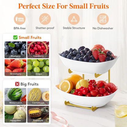 Lifewit Plastic Fruit Bowl for Kitchen Counter, 3 Tier Fruit Basket with Gold Metal Stand, Tiered Fruit Holder for Countertop Serving Tray for Vegetable/Dessert in Party 28 x 21 x 35cm/11 x 8.4 x 14