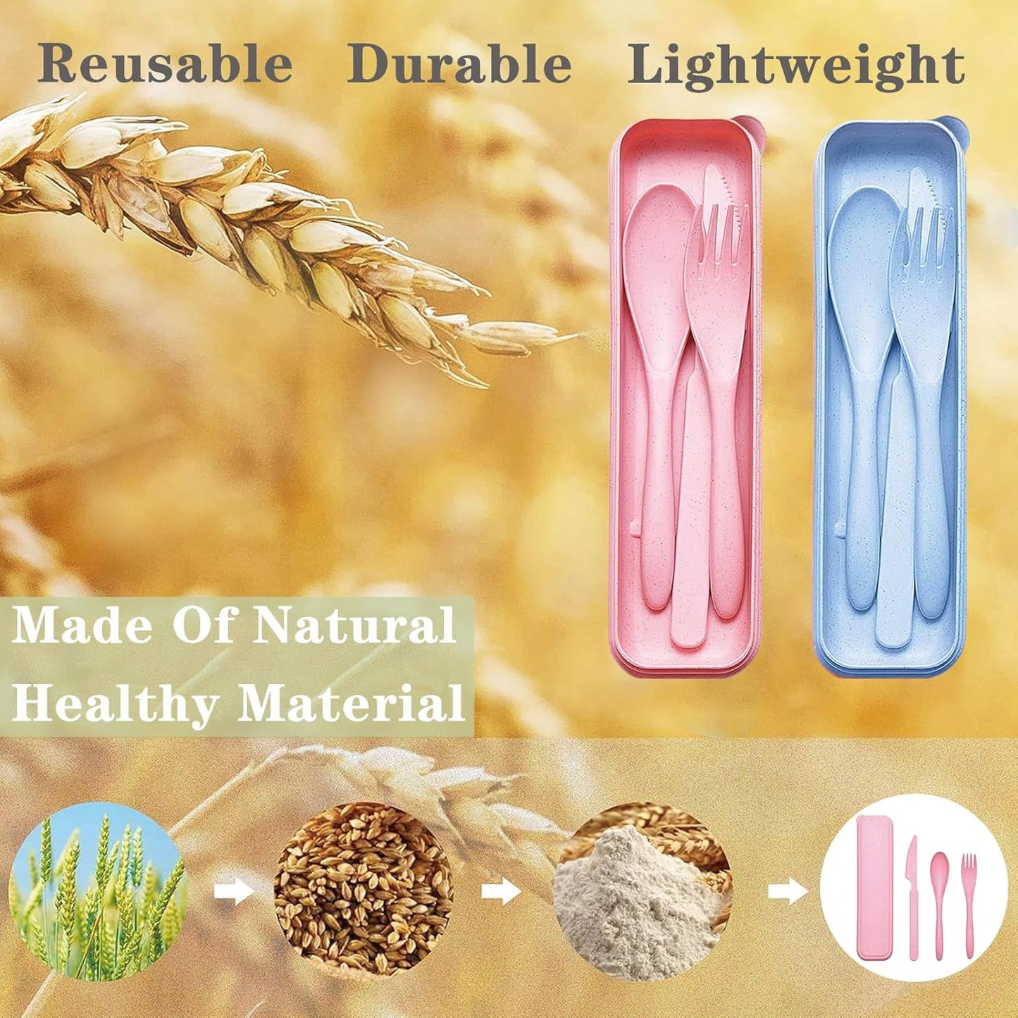 Reusable Travel Utensils Set with Case, 4 Sets Wheat Straw Portable Plastic Fork Spoons Knife Cutlery, Camping Eco-Friendly BPA Free Tableware for Kids Adults Work Picnic or Daily Use (Colorful)