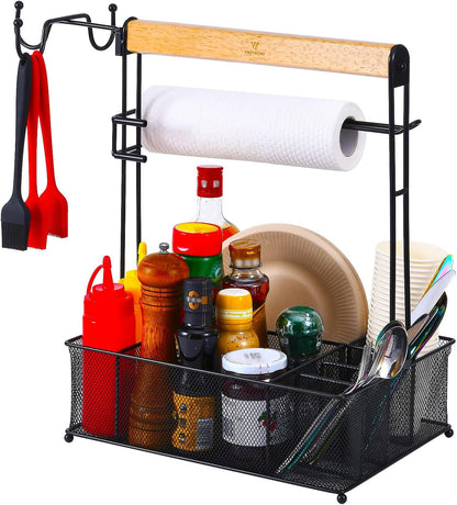 VIKEYHOME Grill Caddy, Picnic BBQ Organizer for Camping Outdoor Mesh Basket with 3 Hanging Hooks and Paper Towel Holder, Ideal Table Storage Tools for RV Camper/Tailgating/Flatware