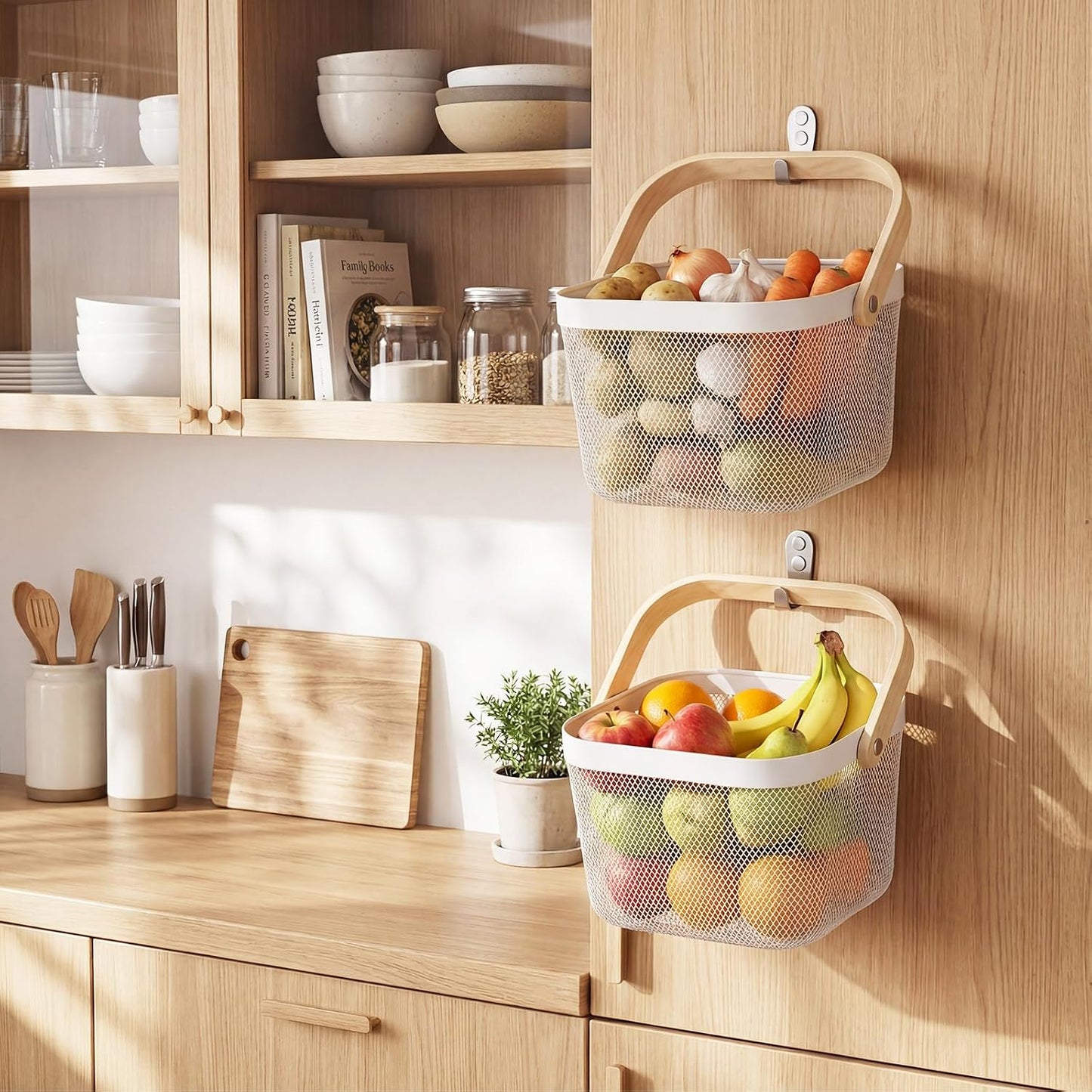 Maxdot 4 Pack Metal Mesh Basket with Wooden Handle White Square Wire Storage Organizer Basket Multi-functional Hanging for Kitchen Pantry Shelves Bathroom Counter Organizer