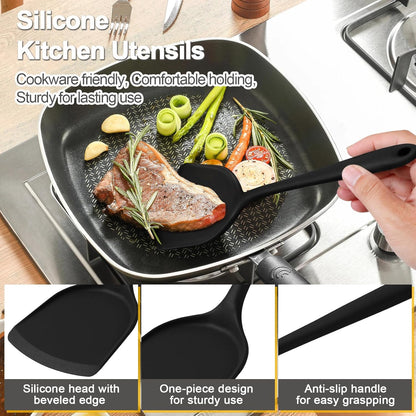 P&P CHEF Kitchen Utensil Set, 4 Pieces Non-stick Silicone Cooking Utensils, Heat-resistant Slotted Solid Spoon Turner for Frying, Mixing, Serving, Non-toxic & Easy to Clean, Blue