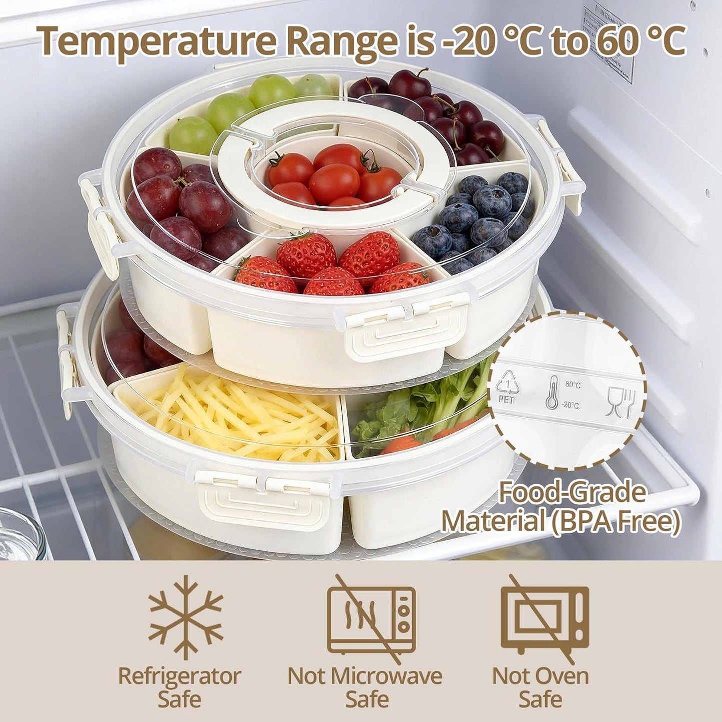 2 Packs Divided Serving Tray with Lid and Handle, Portable Round Snackle Box Container with 6 Compartments, Snack Bento Box for Party, Picnic, Travel, Beige