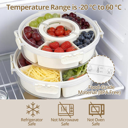2 Packs Divided Serving Tray with Lid and Handle, Portable Round Snackle Box Container with 6 Compartments, Snack Bento Box for Party, Picnic, Travel, Beige