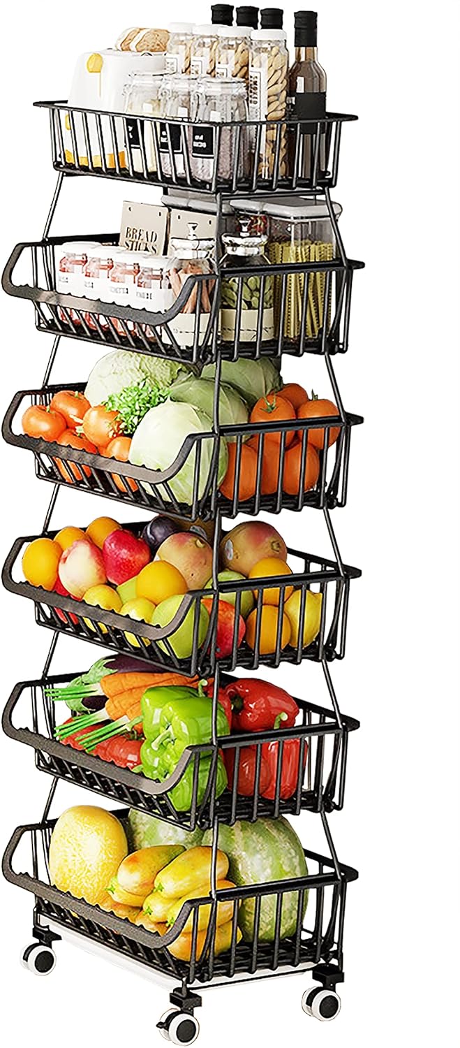 MURRI&MURRDI Fruit Vegetable Storage Basket with Wooden Lid, 6 Tier Stackable Wire Kitchen Cart with Wheels, Tall Produce Snack Racks Display, Narrow Rolling Cart for Pantry Onion Potato, Black