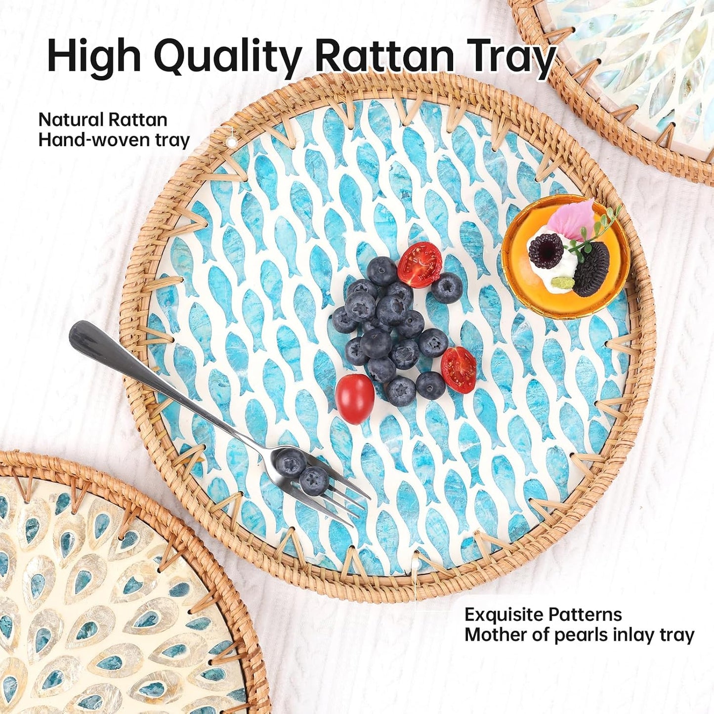Round Rattan Tray with Mother of Pearl Inlay, Rattan Serving Tray for Coffee, Bread, Fruits, Decorative Wicker Tray for Table Decor, Home Decor, Kitchen Island Decor(Black Checkerboard, 11.8")