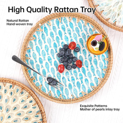 Round Rattan Tray with Mother of Pearl Inlay, Rattan Serving Tray for Coffee, Bread, Fruits, Decorative Wicker Tray for Table Decor, Home Decor, Kitchen Island Decor(Black Checkerboard, 11.8")