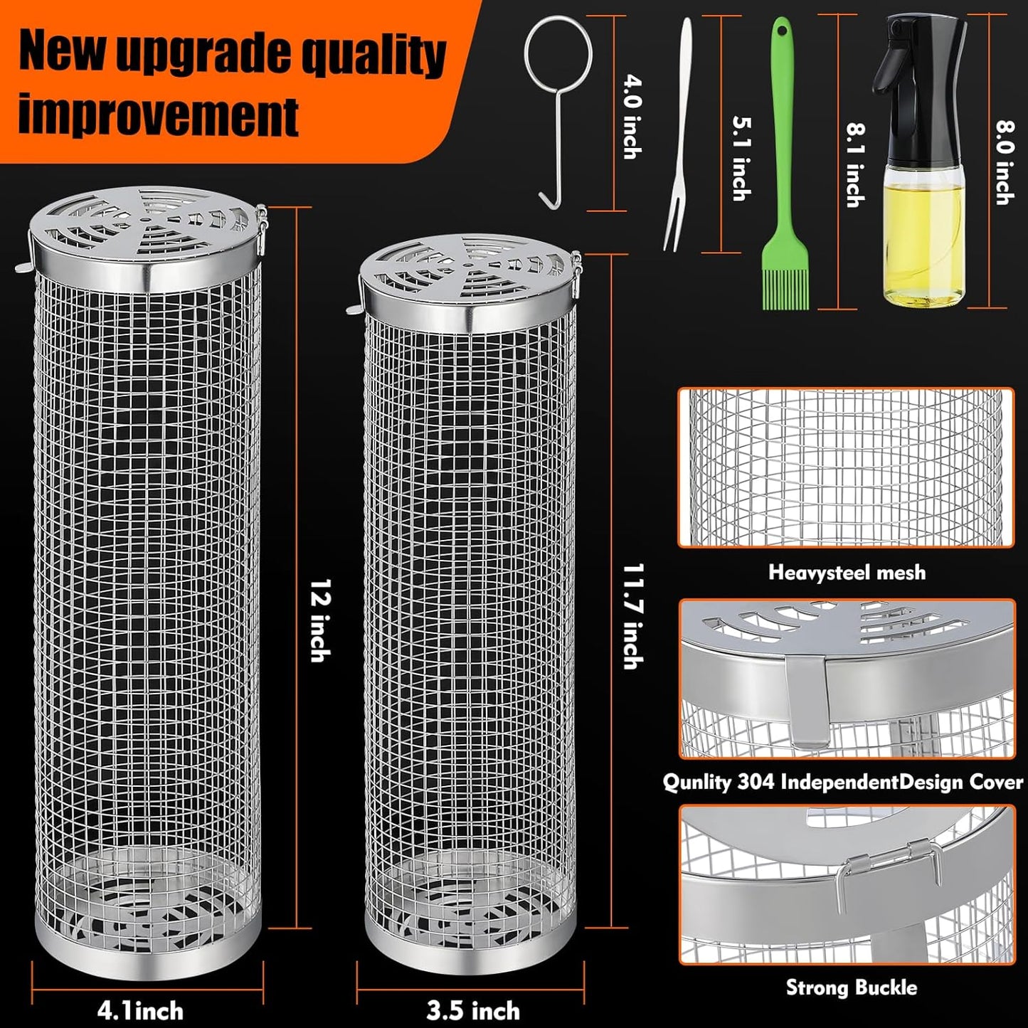 10-Piece BBQ Set: 2 Rolling Grill Baskets for Effortless Flipping, 304 Stainless Steel for Easy Clean, Sausage & Vegetables, Oil Bottle, Forks, Brushes, Outdoor Camping Grilling Accessories, Gifts for Men Dad Husband