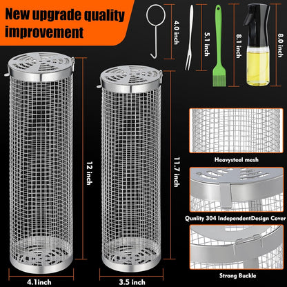 10-Piece BBQ Set: 2 Rolling Grill Baskets for Effortless Flipping, 304 Stainless Steel for Easy Clean, Sausage & Vegetables, Oil Bottle, Forks, Brushes, Outdoor Camping Grilling Accessories, Gifts for Men Dad Husband
