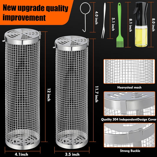10-Piece BBQ Set: 2 Rolling Grill Baskets for Effortless Flipping, 304 Stainless Steel for Easy Clean, Sausage & Vegetables, Oil Bottle, Forks, Brushes, Outdoor Camping Grilling Accessories, Gifts for Men Dad Husband