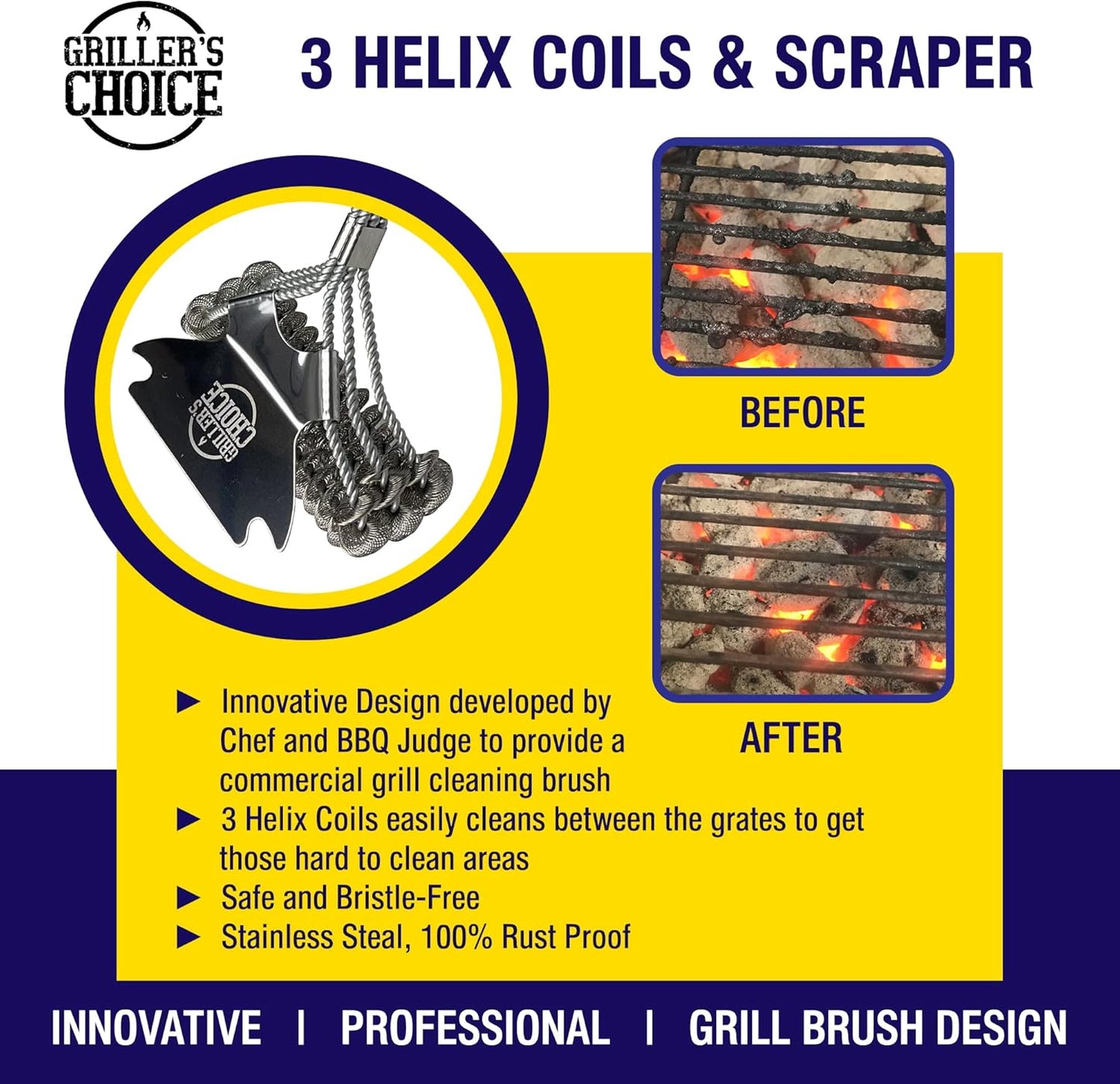 Grillers Choice Commercial Grill Brush - 2 Headed Double Helix Coils, Bristle Free, 18" Long Handle, 3 in 1 Professional Barbecue Cleaner, Stainless Steel, All Grill Types.