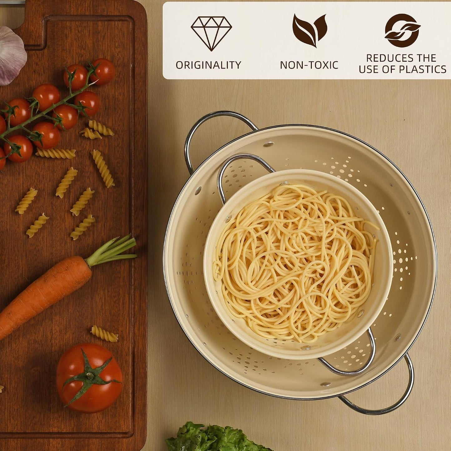 Metal Colander 2 Pack, Strainer Bowel with Handles 2Qt & 6Qt Powder Coated Solid Ring Base Heavey Duty Kitchen Drainer Basket for Pasta Veggies and Fruits,New Home Apartment Essentials (Almond Cream)