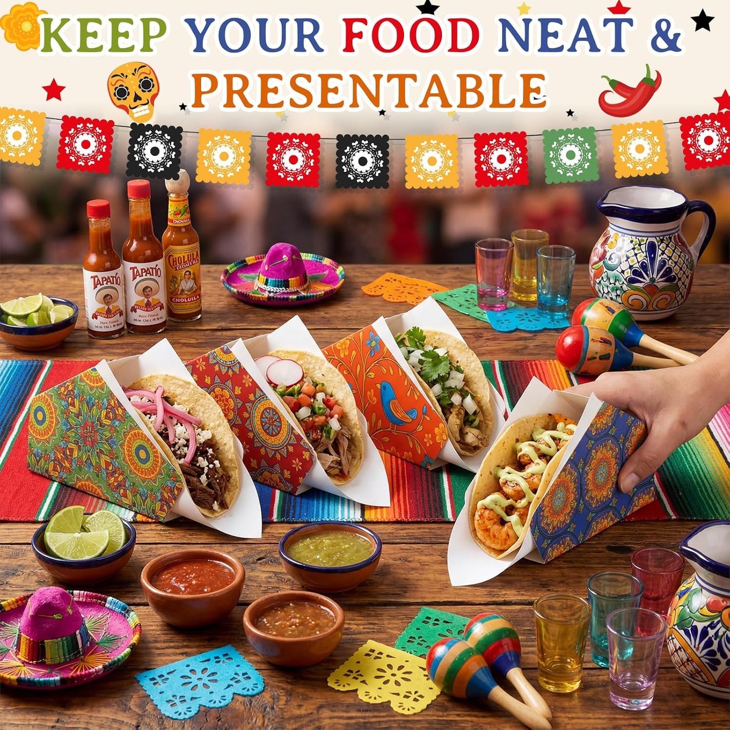 Qinyoung 120 Sets Disposable Taco Holders Bulk with Greaseproof Fiesta Paper Holder Shells Stand Rack Tray Stand up Nacho Holder Party Snack for Taco Tuesday Nights Party Supplies(5.5×2×2.2 Inches)
