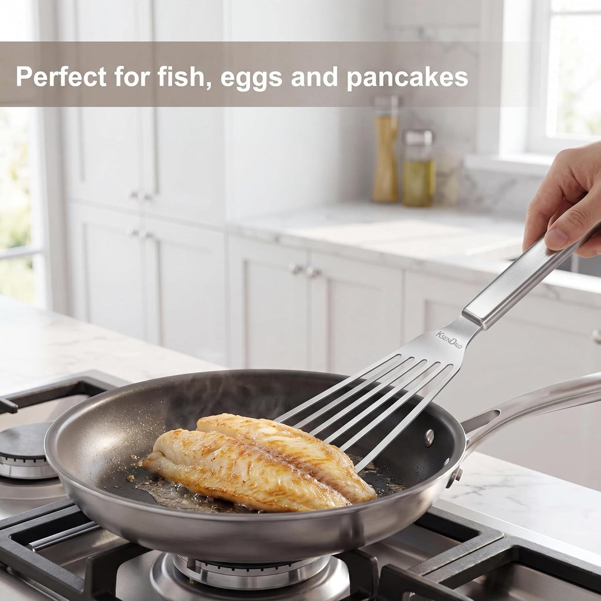 KSENDALO Thin Sturdy Fish Spatula Stainless Steel for Kitchen-Silver | One-piece Style Fish Spatula, Egg Flipper Bbq Flipper 18/8 Stainless Steel Blade Dishwasher-Safe Tools