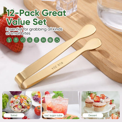 12 Pcs Gold Serving Tongs, Stainless Steel Ice Tongs Mini Sugar Tongs for Kitchen Appetizers, Party. Ting Tongs for Serving Food, Ice, Sugar Cube, Salad, Desserts