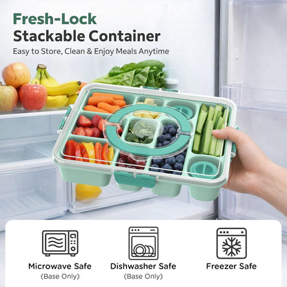 Snackle Box Container for Adults with 10 Compartment, Divided Serving Tray with Lid and Handle and 2 Sauce Containers, Portable Snack Box Container for Charcuterie Party Travel, Purple