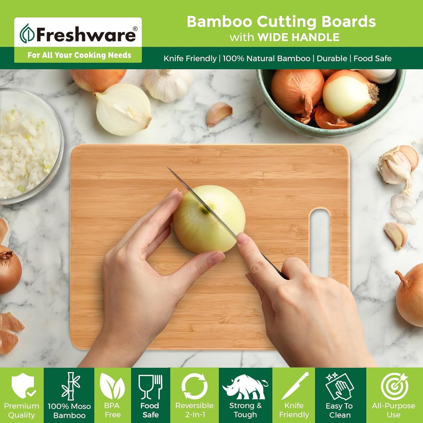 Freshware Wood Cutting Boards for Kitchen - Bamboo Cutting Board Set of 3, Cutting Boards with Juice Grooves, Serving Board Set, Chopping Board for Meat, Veggie, Easy Grip Handle (9x6", 12x8", 15x10")