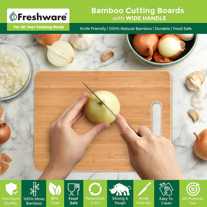 Freshware Wood Cutting Boards for Kitchen - Bamboo Cutting Board Set of 3, Cutting Boards with Juice Grooves, Serving Board Set, Chopping Board for Meat, Veggie, Easy Grip Handle (9x6", 12x8", 15x10")