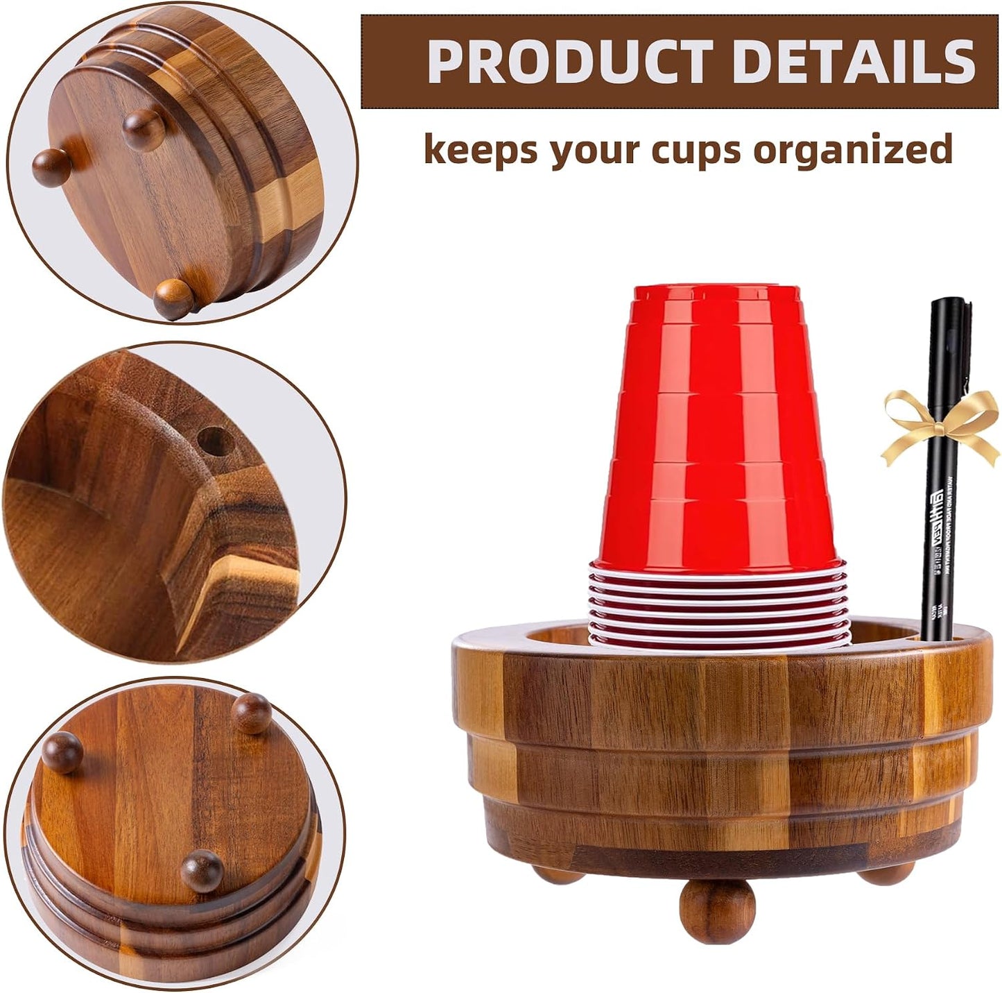 Acacia Wood Cup Holder with Marker Slot, Paper Cup Storage Box Mark Your Cup and Drink Up, Rustic Disposable Cup Dispenser for Party Bar Kitchen Bathroom