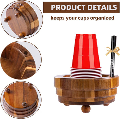 Acacia Wood Cup Holder with Marker Slot, Paper Cup Storage Box Mark Your Cup and Drink Up, Rustic Disposable Cup Dispenser for Party Bar Kitchen Bathroom
