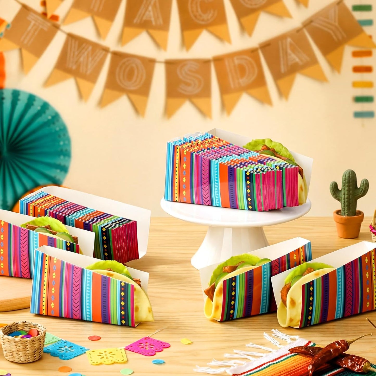 50 Pcs Taco Nights Mexican Cinco De Mayo Party Taco Holder Mexican Nacho Popcorn Unassembled Trays Snack Disposable Paper Holder Carnival Party Food Container Stand Fiesta Parties Supply