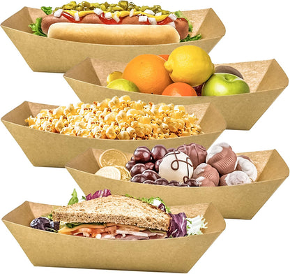 100 Pack 2lb Paper Food Trays, Heavy-Duty Paper Food Boat Disposable Serving Basket Tray for French Fries Nachos Snack Hot Dog Taco BBQ Popcorn Party Picnic Wedding Party (Brown)