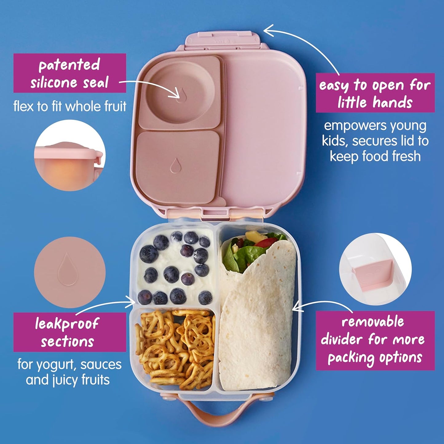 b.box Mini Lunch Box 2-Pack, Leak Proof Bento Box for Kids, 3 Compartment Snack Containers Ages 3+, Lunchbox for Daycare + School, Dishwasher Safe, BPA-Free, PFAS-Free, 4.25 Cup - Blue + Green