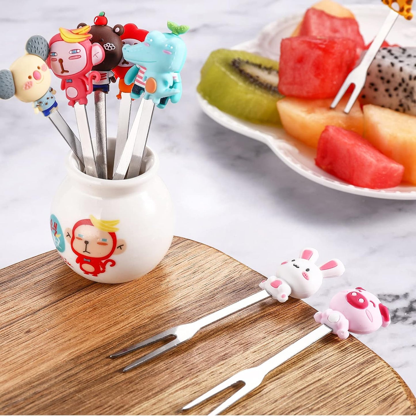 12 Pcs Food Picks for Kids with 2 Ceramic Jars Set of 2 Cute Cartoon Animal Fruit Forks Kids Toothpicks Stainless Steel Bento Picks for Kids with Silicone Handles Back to School Party Supplies