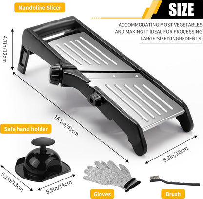 Mandoline Food slicer for kitchen, Adjustable Stainless Steel Mandoline Vegetable slicer, Food slicer Onion Potato Chip French Fry, 7 in-1 Adjustable Blade, Including 1 Pair of Gloves