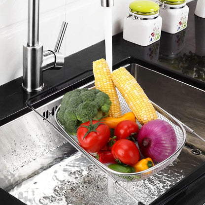 ZDRongZhen Kitchen Accessories Over the Sink Colander Strainer Basket，Stainless Steel Colander with Expandable Rubber Grip Sink Drainer-Rinse Vegetables Fruits &Strain&Drain (Large-Fine mesh)