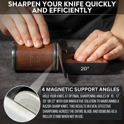 Rolling Knife Sharpener with Leather Strop and 15, 17, 20 & 22 Degree Angles - Knife Sharpener Kit - Roller Knife Sharpening System with Stand, Holder & Eraser - Walnut Brown