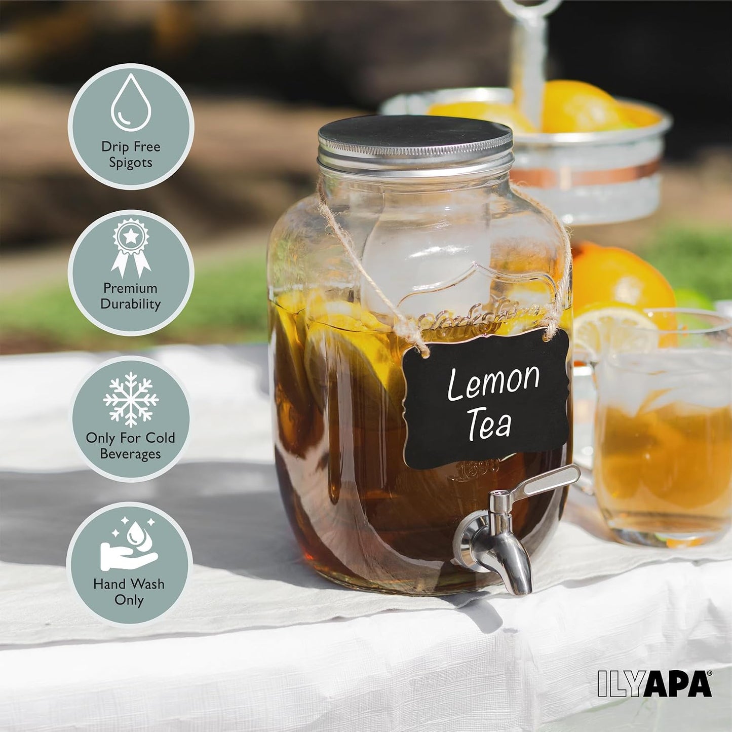 Ilyapa 2 Gallon Glass Beverage Dispenser, Metal Base, Stainless Steel Spigot & Hanging Chalkboard - for Lemonade, Tea, Cold Water & More