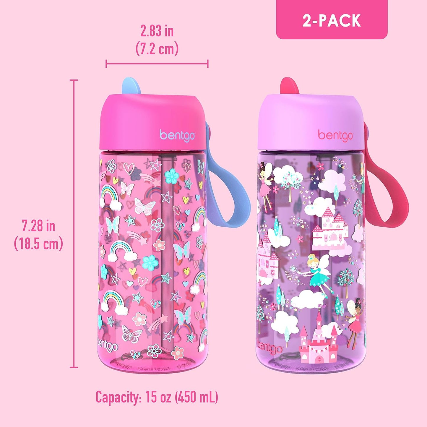 Bentgo Kids Water Bottle - Leak-Proof, Durable Tritan PFAS- & BPA-Free 15 fl oz, Kids/Toddlers Ages 3+ for School & Sports; Bite & Sip Spout, Carrying Handle, Dishwasher Safe (Unicorn)