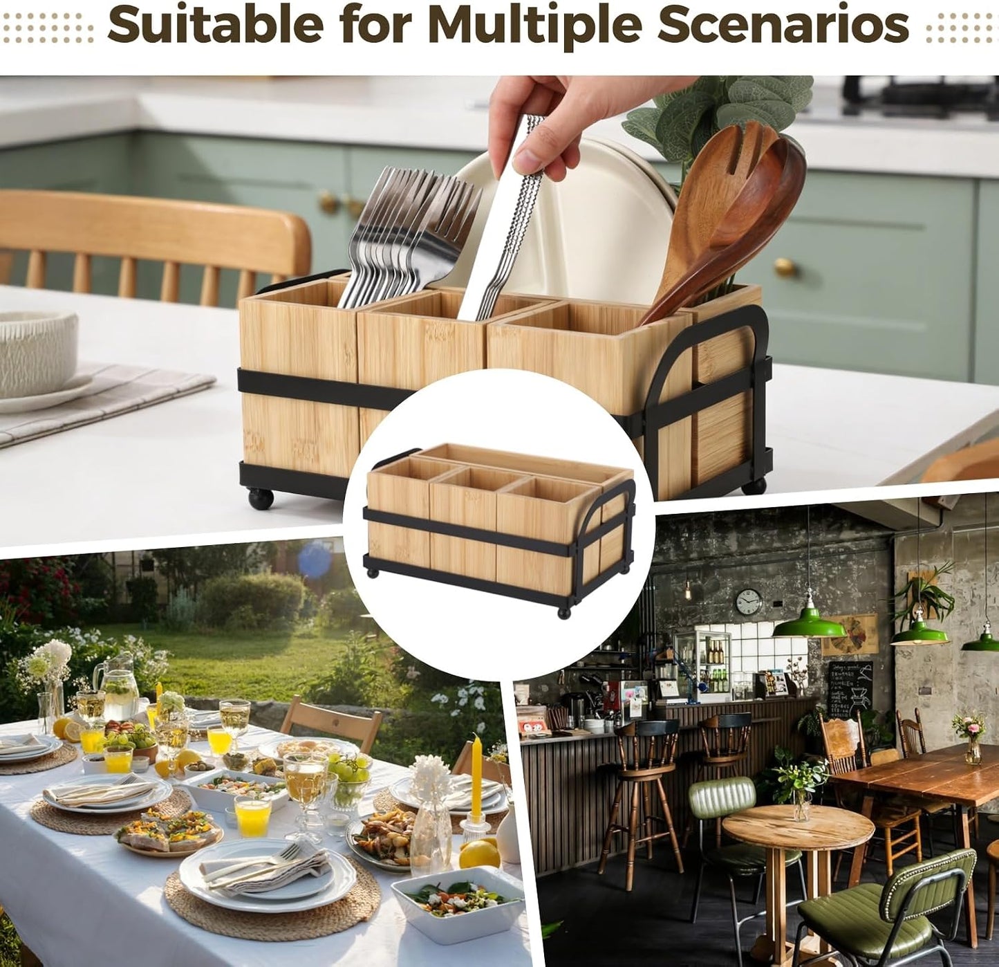 Silverware Caddy for Party, 4-Compartment Wood Utensil Holder with Metal Frame, Paper Plate Holder, Flatware Organizer for Forks, Spoons, Napkins, Countertop Table Buffet