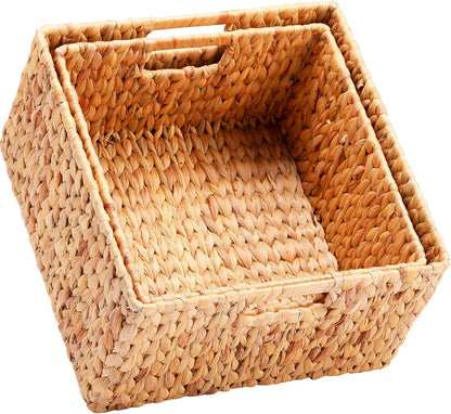 HOONEX Water Hyacinth Storage Baskets, Wicker Baskets for Storage, Hand Woven Baskets with Carry Handles, Set of 2, Natural