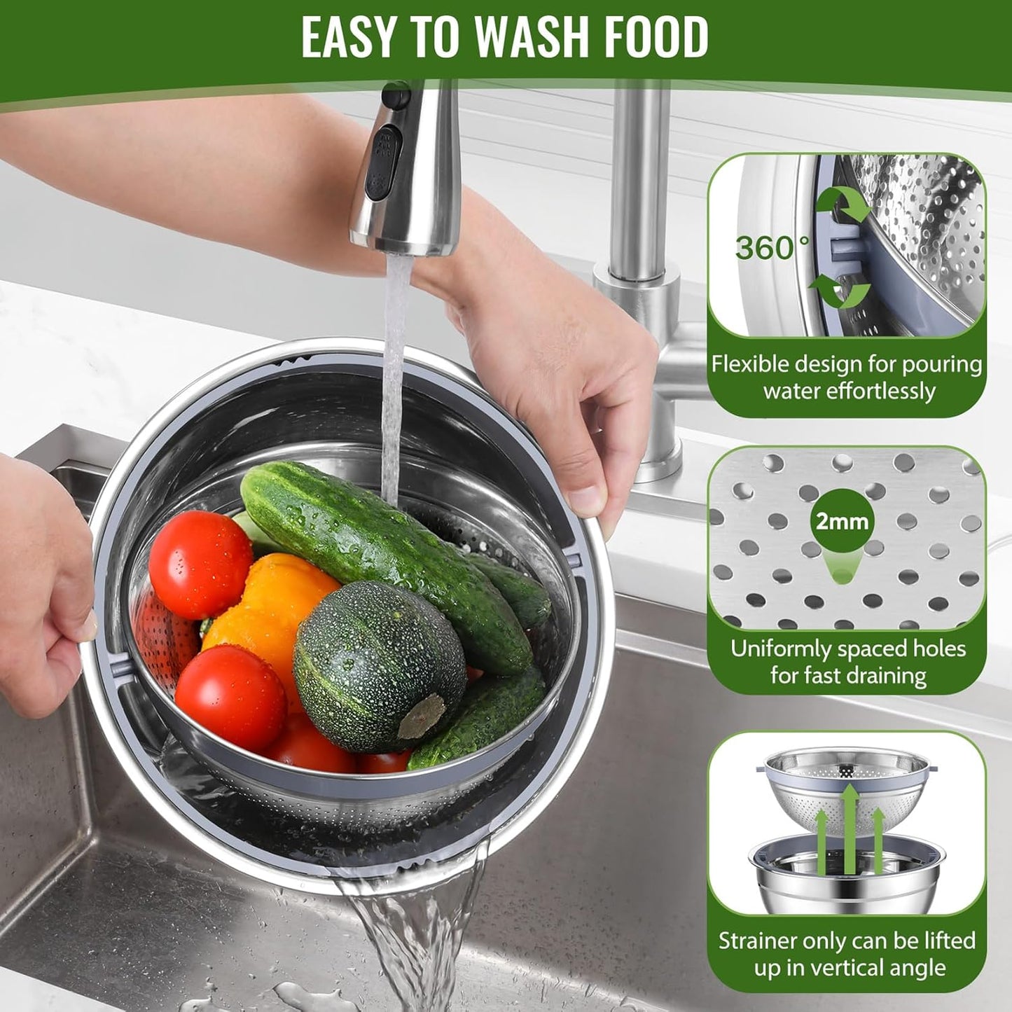P&P CHEF 4-In-1 Stainless Steel Colander with Bowl Set, Rotatable Strainers for Kitchen, Fruit Cleaner, Washing Fruit & Draining Pasta, Mixing Bowl and Lid with Grater for Salad, Black